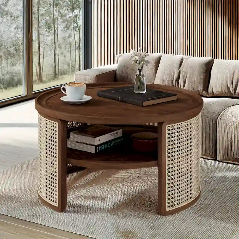 Table basse ronde en bois d'hévéa et rotin tressé à deux niveaux de rangement, couleur naturelle