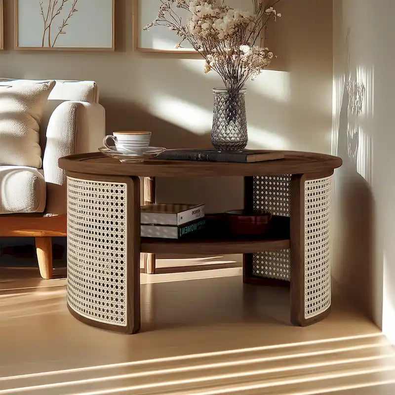 Table basse ronde en bois d'hévéa et rotin tressé à deux niveaux de rangement, couleur naturelle