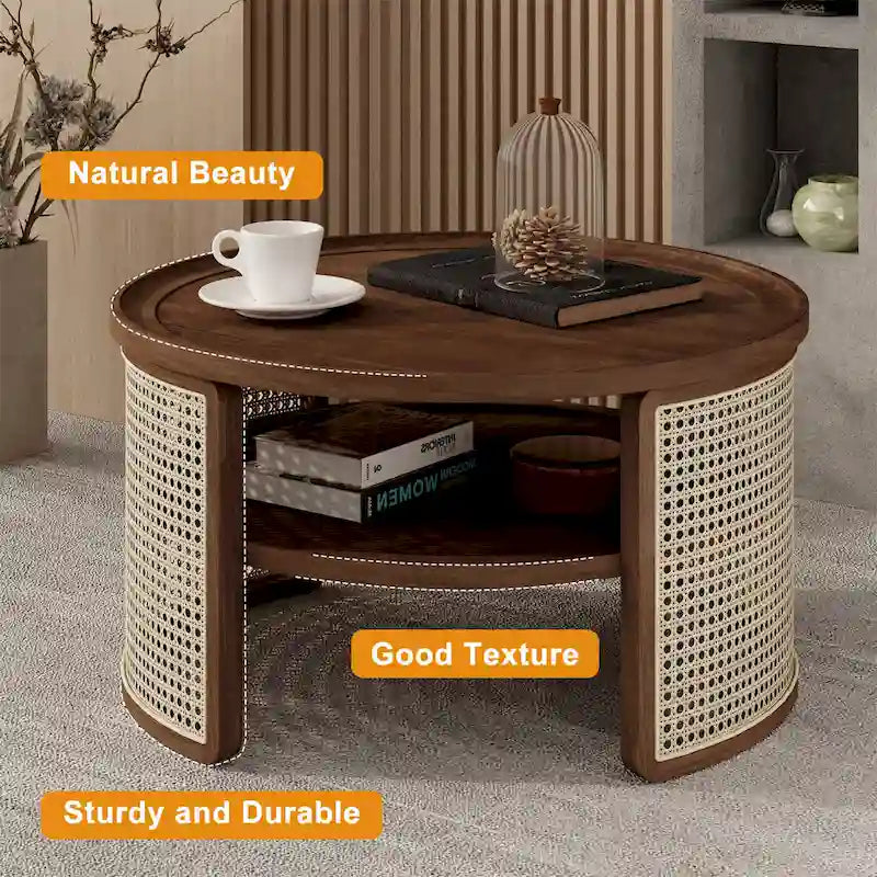 Table basse ronde en bois d'hévéa et rotin tressé à deux niveaux de rangement, couleur naturelle