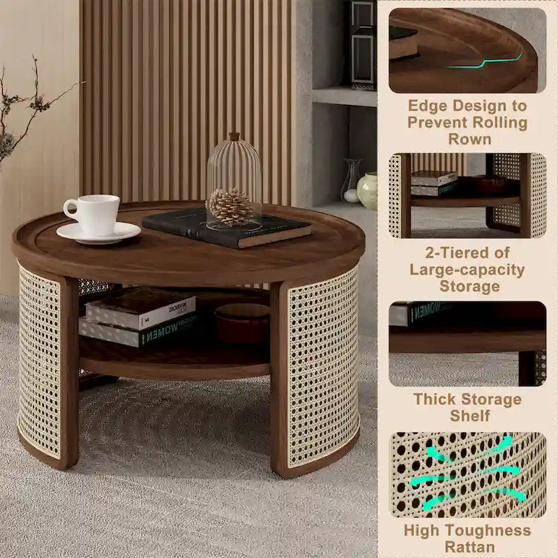 Table basse ronde en bois d'hévéa et rotin tressé à deux niveaux de rangement, couleur naturelle