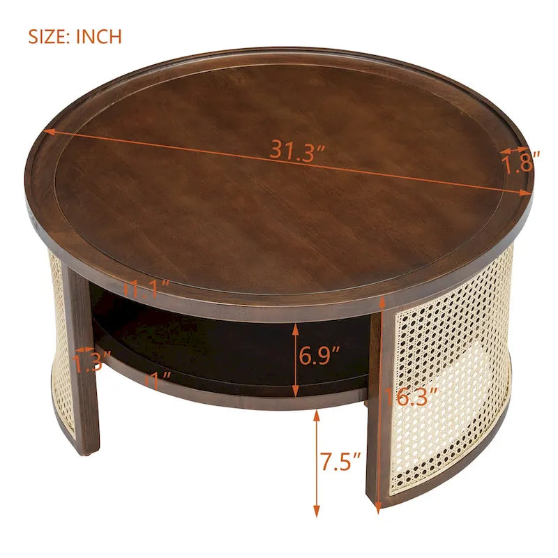 Table basse ronde en bois d'hévéa et rotin tressé à deux niveaux de rangement, couleur naturelle