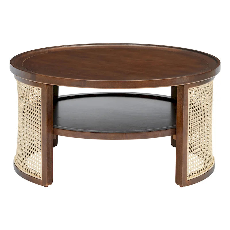 Table basse ronde en bois d'hévéa et rotin tressé à deux niveaux de rangement, couleur naturelle