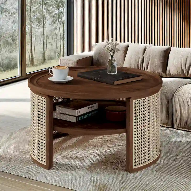 Table basse ronde en bois d'hévéa et rotin tressé à deux niveaux de rangement, couleur naturelle