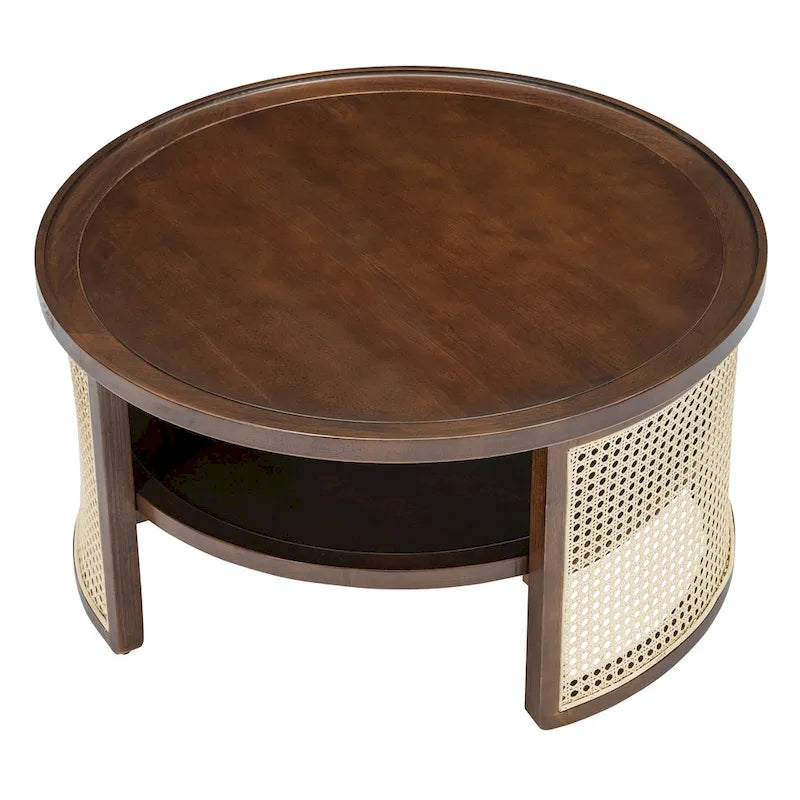 Table basse ronde en bois d'hévéa et rotin tressé à deux niveaux de rangement, couleur naturelle