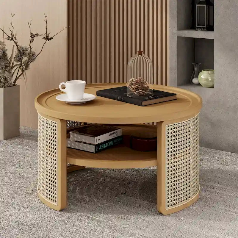 Table basse ronde en bois d'hévéa et rotin tressé à deux niveaux de rangement, couleur naturelle
