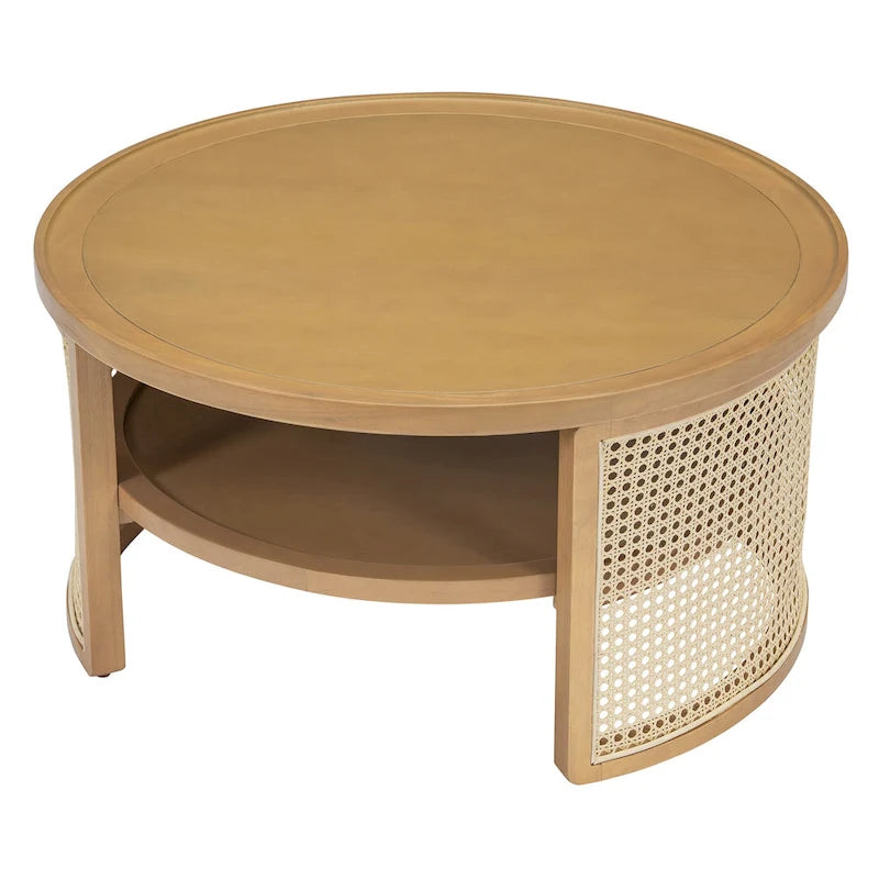 Table basse ronde en bois d'hévéa et rotin tressé à deux niveaux de rangement, couleur naturelle