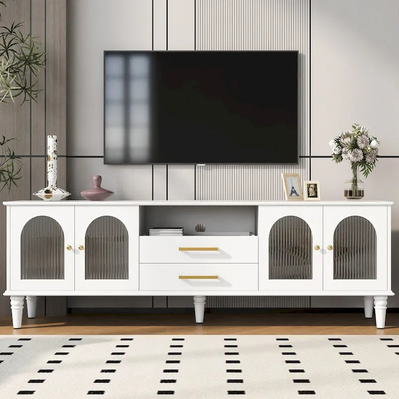 Meuble TV rétro avec portes vitrées cannelées, 2 tiroirs et placards, Blanc