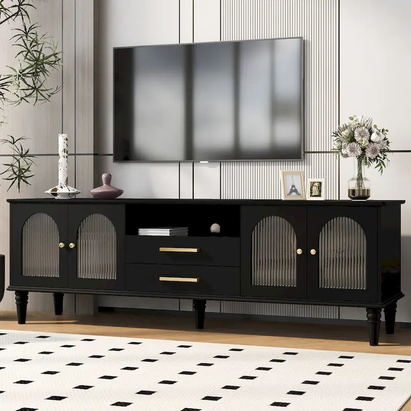 Meuble TV rétro avec portes vitrées cannelées, 2 tiroirs et placards, Blanc