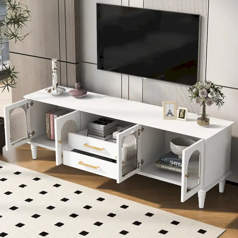 Meuble TV rétro avec portes vitrées cannelées, 2 tiroirs et placards, Blanc