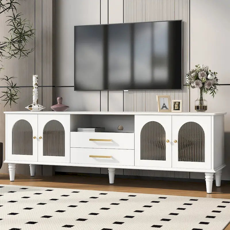 Meuble TV rétro avec portes vitrées cannelées, 2 tiroirs et placards, Blanc
