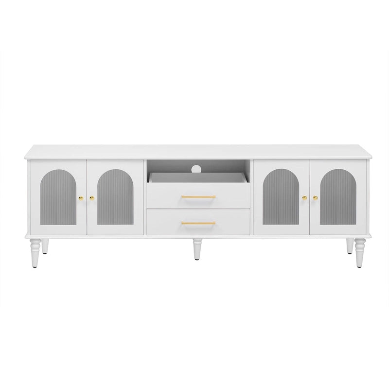 Meuble TV rétro avec portes vitrées cannelées, 2 tiroirs et placards, Blanc