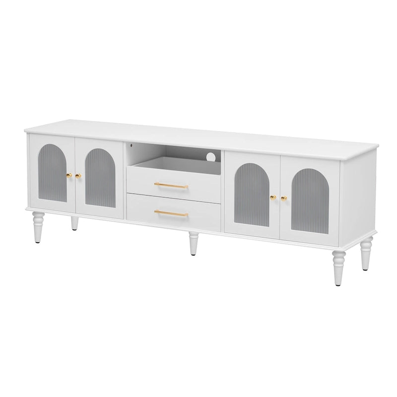 Meuble TV rétro avec portes vitrées cannelées, 2 tiroirs et placards, Blanc