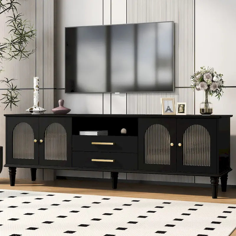 Meuble TV rétro avec portes vitrées cannelées, 2 tiroirs et placards, Blanc