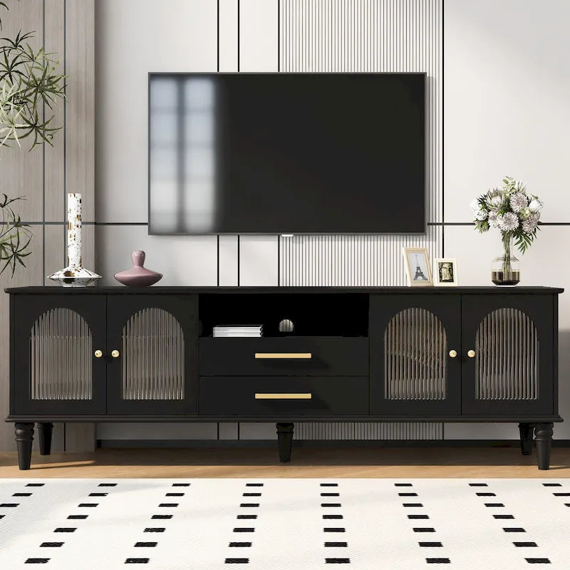Meuble TV rétro avec portes vitrées cannelées, 2 tiroirs et placards, Blanc