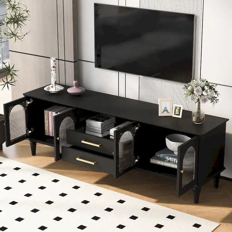 Meuble TV rétro avec portes vitrées cannelées, 2 tiroirs et placards, Blanc