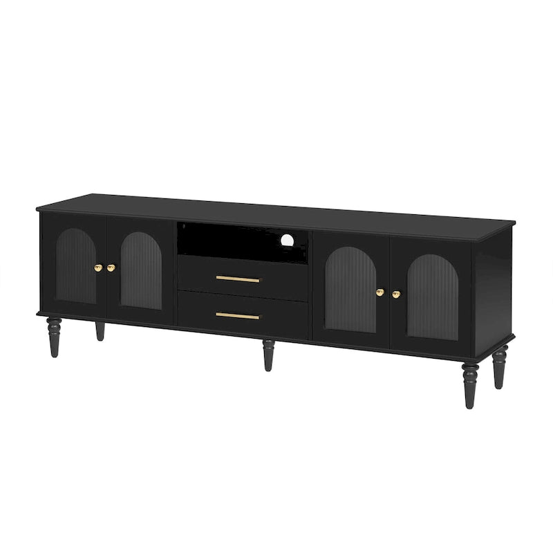 Meuble TV rétro avec portes vitrées cannelées, 2 tiroirs et placards, Blanc