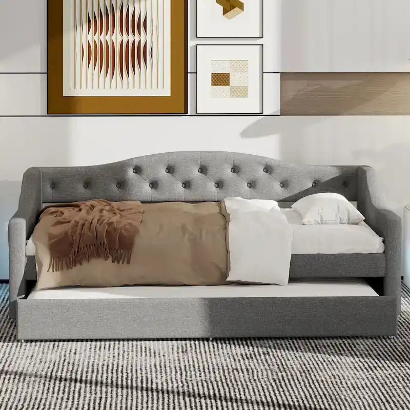 Lit de repos capitonné en lin Twin XL avec tiroir gigogne, beige