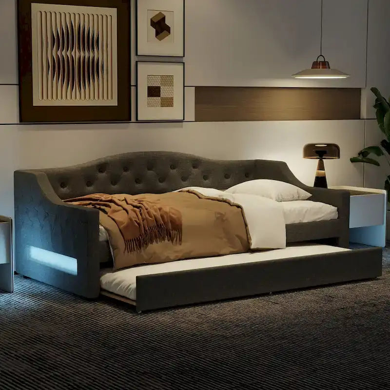 Lit de repos capitonné en lin Twin XL avec tiroir gigogne, beige