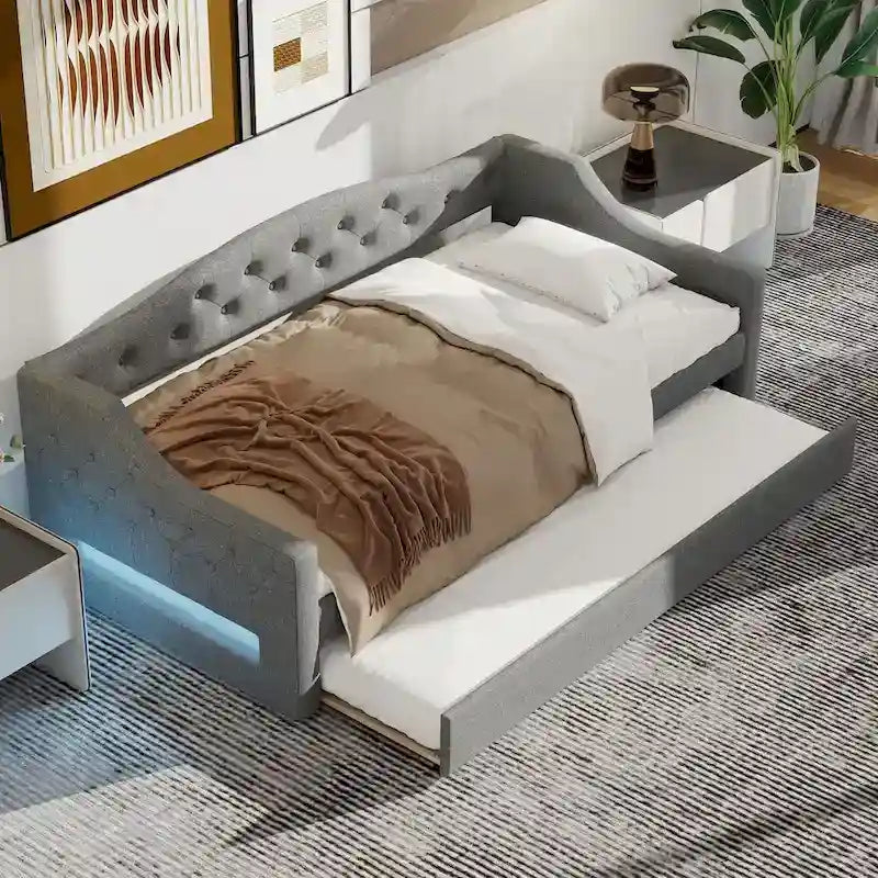 Lit de repos capitonné en lin Twin XL avec tiroir gigogne, beige