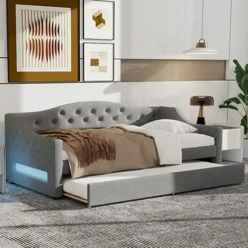 Lit de repos capitonné en lin Twin XL avec tiroir gigogne, beige