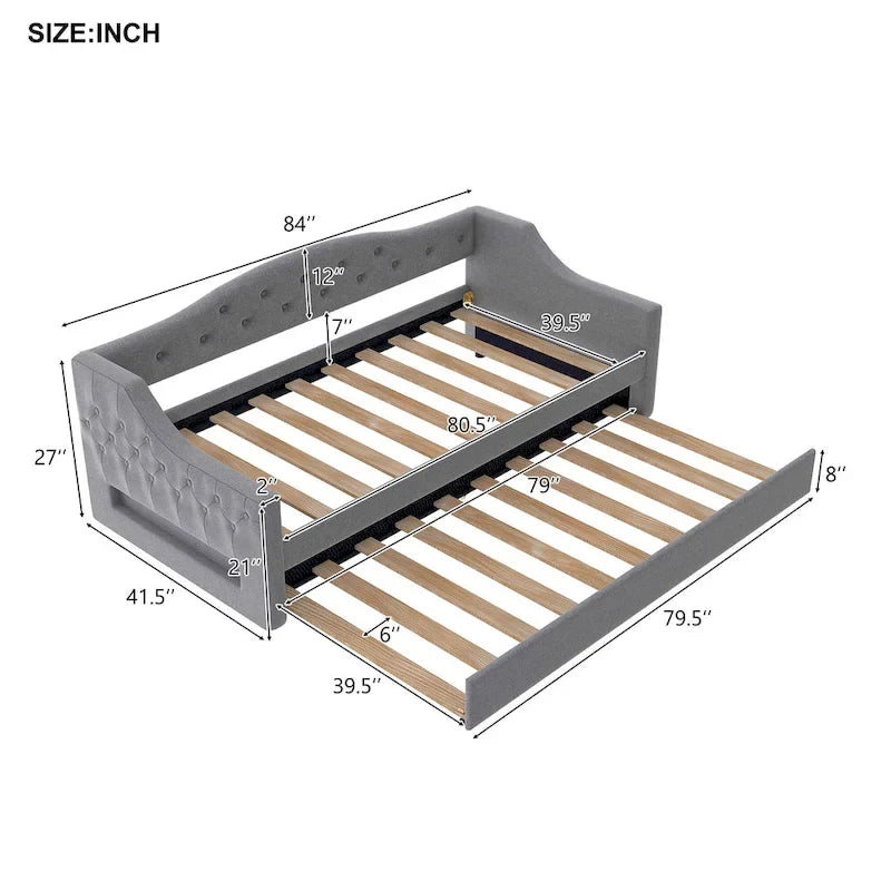 Lit de repos capitonné en lin Twin XL avec tiroir gigogne, beige