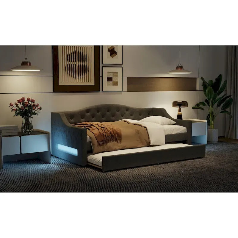 Lit de repos capitonné en lin Twin XL avec tiroir gigogne, beige