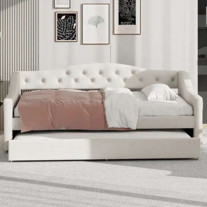 Lit de repos capitonné en lin Twin XL avec tiroir gigogne, beige