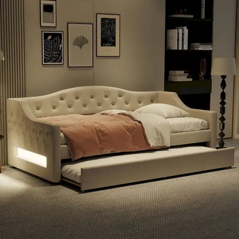 Lit de repos capitonné en lin Twin XL avec tiroir gigogne, beige