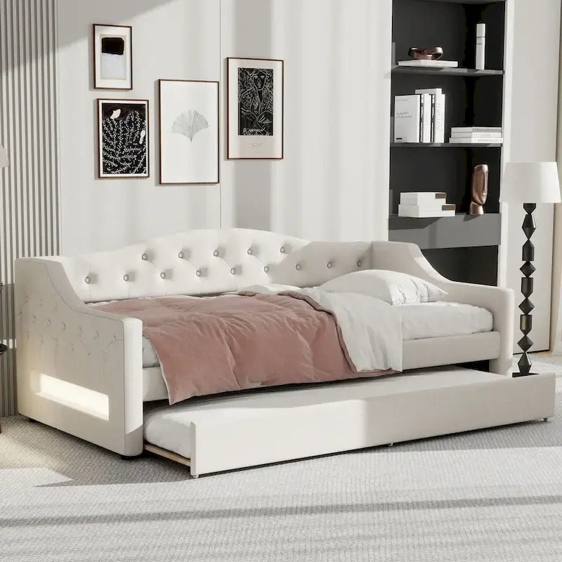 Lit de repos capitonné en lin Twin XL avec tiroir gigogne, beige