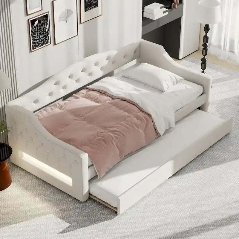 Lit de repos capitonné en lin Twin XL avec tiroir gigogne, beige