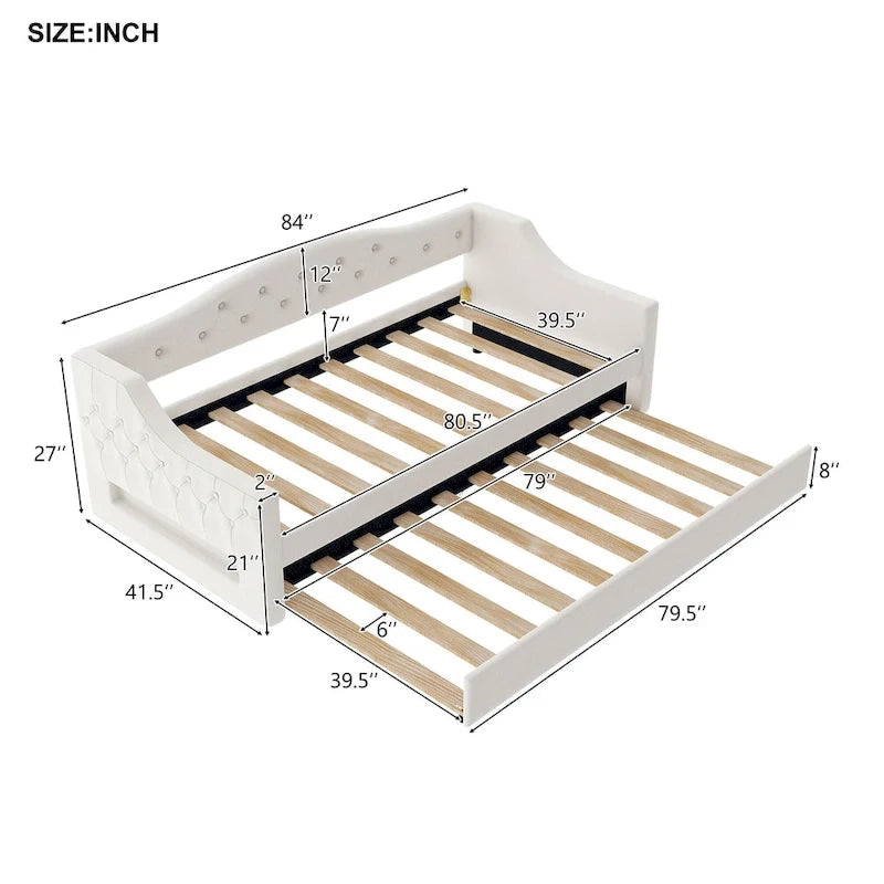 Lit de repos capitonné en lin Twin XL avec tiroir gigogne, beige