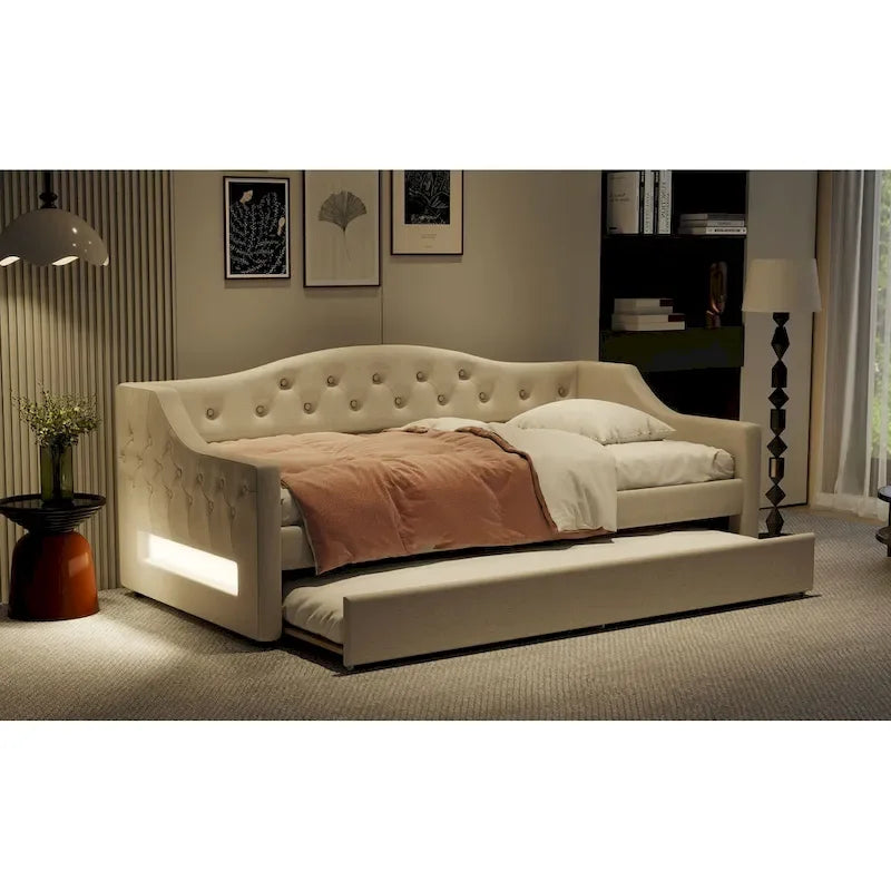 Lit de repos capitonné en lin Twin XL avec tiroir gigogne, beige