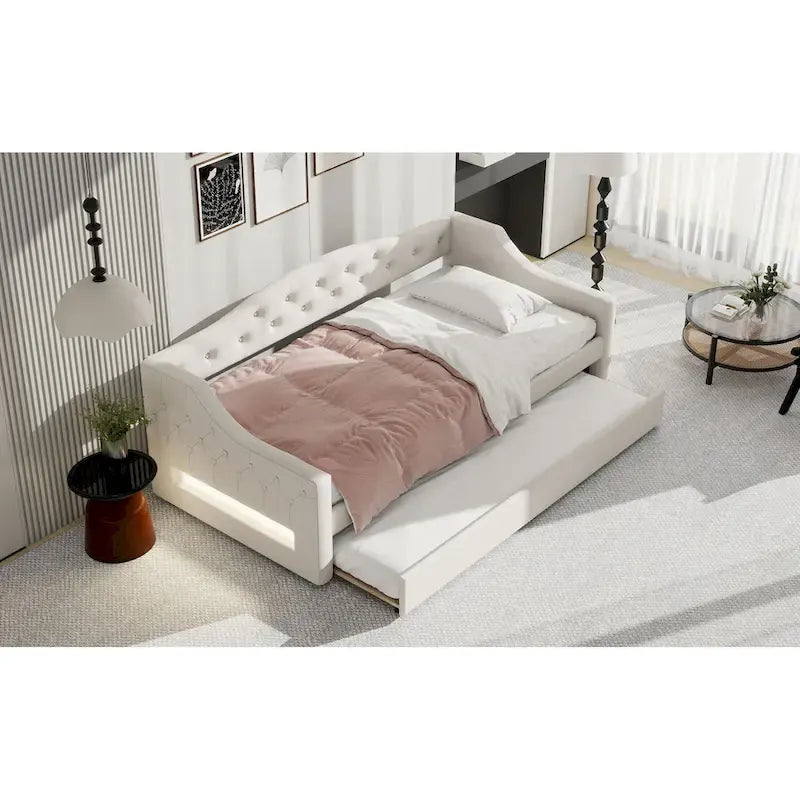 Lit de repos capitonné en lin Twin XL avec tiroir gigogne, beige