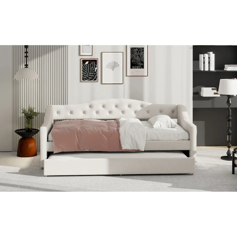 Lit de repos capitonné en lin Twin XL avec tiroir gigogne, beige