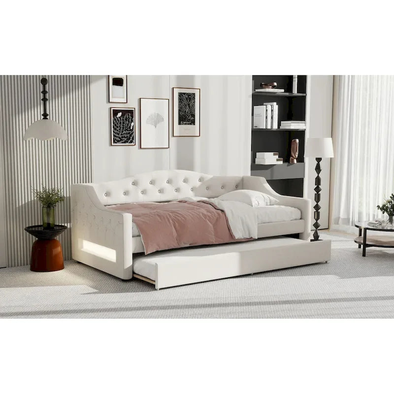 Lit de repos capitonné en lin Twin XL avec tiroir gigogne, beige
