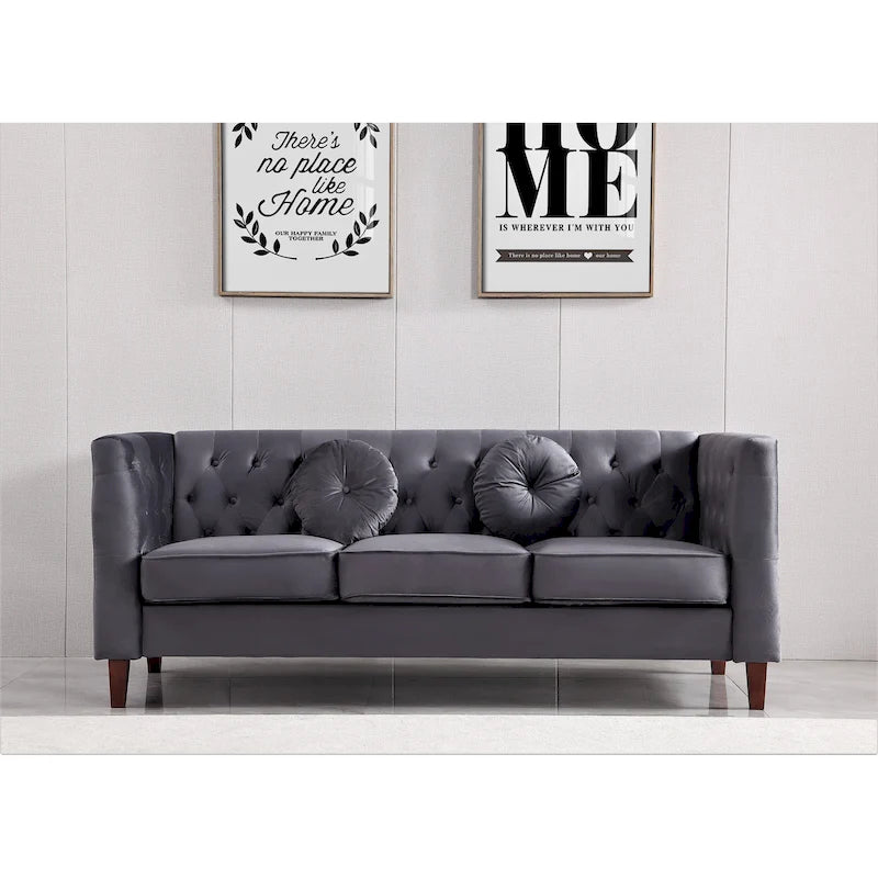 Canapé Chesterfield touffeté en velours avec pieds en bois et coussins décoratifs