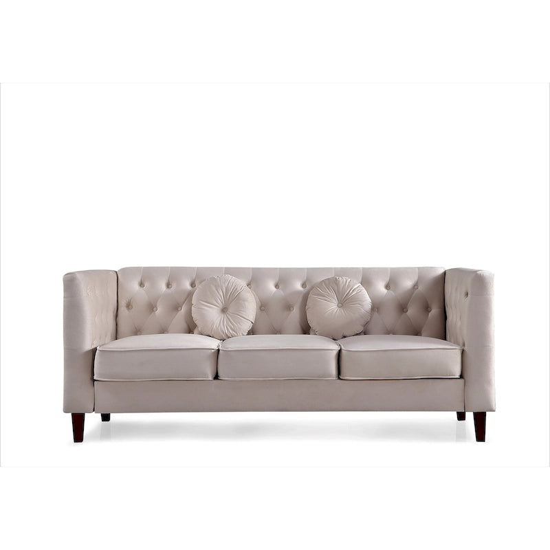 Canapé Chesterfield touffeté en velours avec pieds en bois et coussins décoratifs