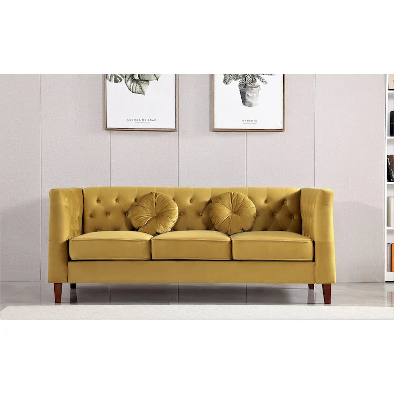 Canapé Chesterfield touffeté en velours avec pieds en bois et coussins décoratifs