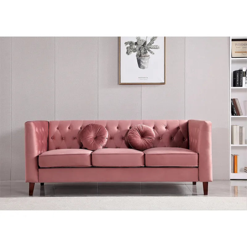 Canapé Chesterfield touffeté en velours avec pieds en bois et coussins décoratifs