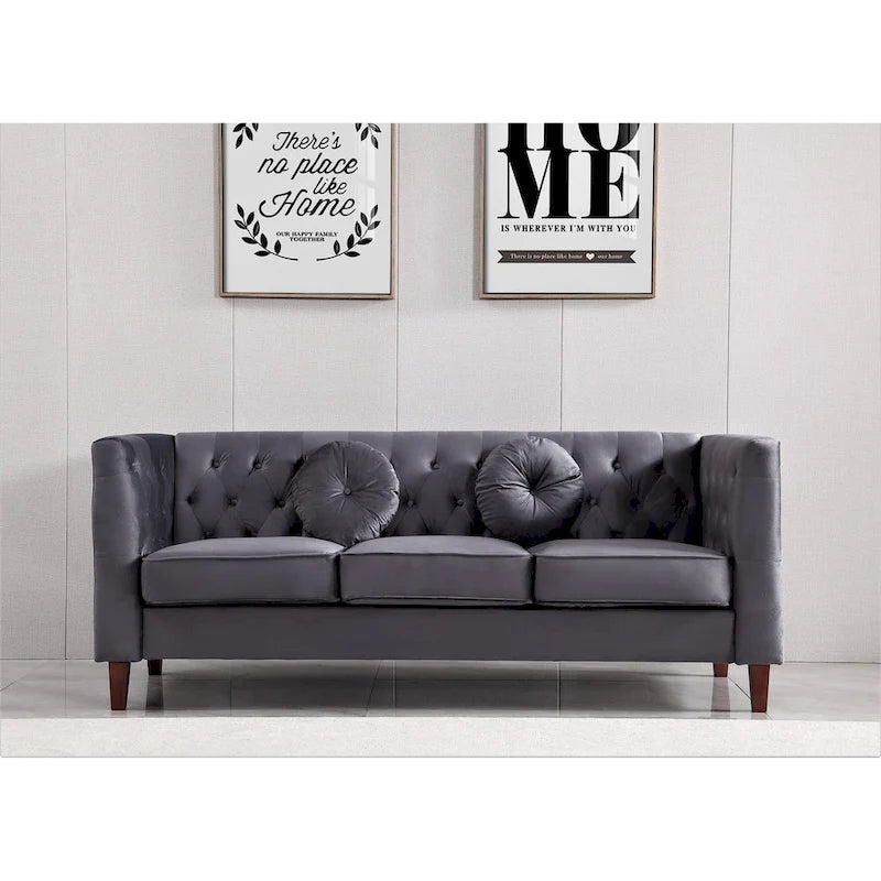 Canapé Chesterfield touffeté en velours avec pieds en bois et coussins décoratifs