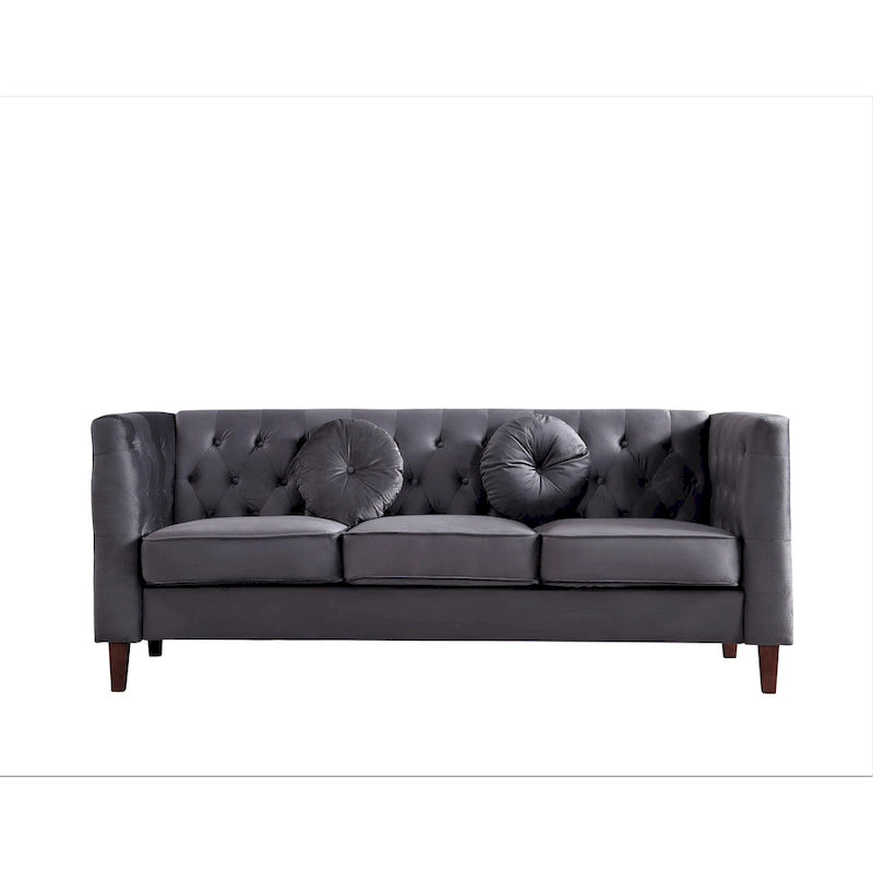 Canapé Chesterfield touffeté en velours avec pieds en bois et coussins décoratifs