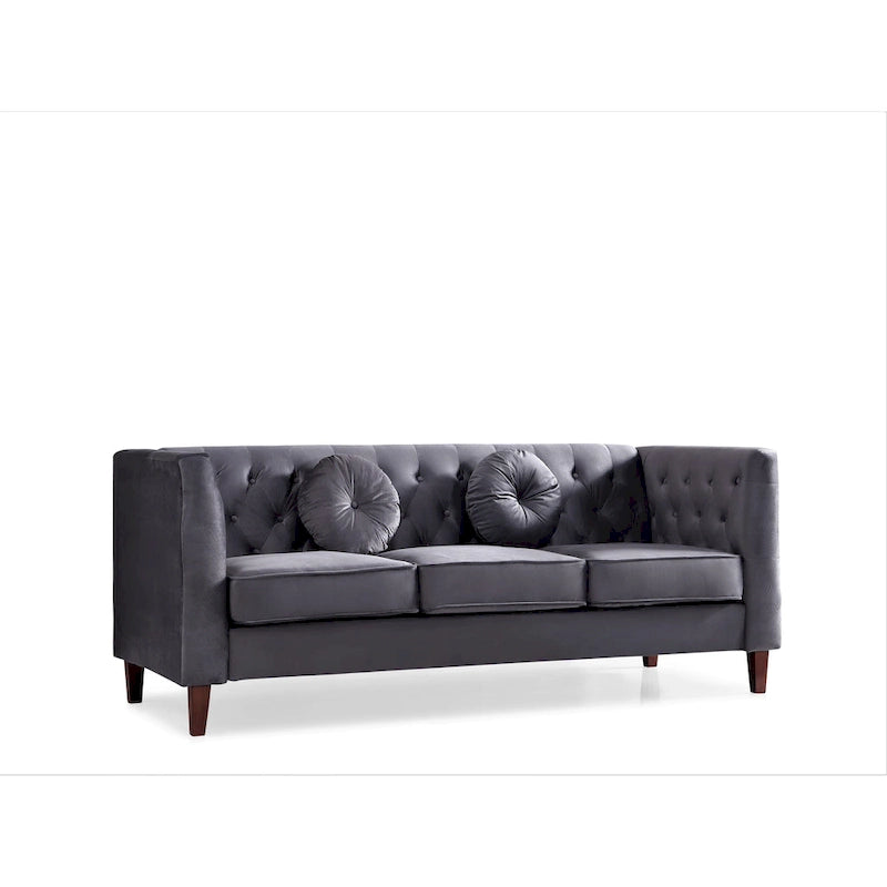 Canapé Chesterfield touffeté en velours avec pieds en bois et coussins décoratifs
