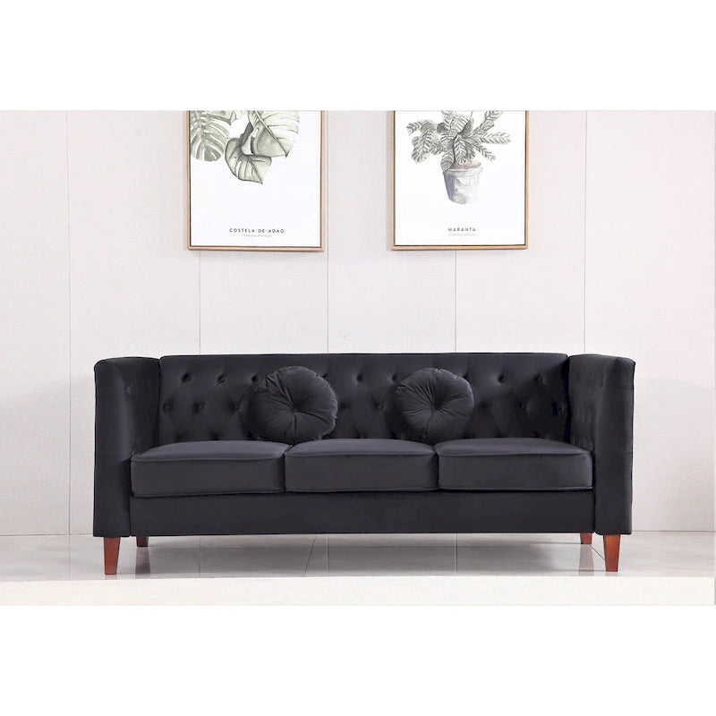 Canapé Chesterfield touffeté en velours avec pieds en bois et coussins décoratifs