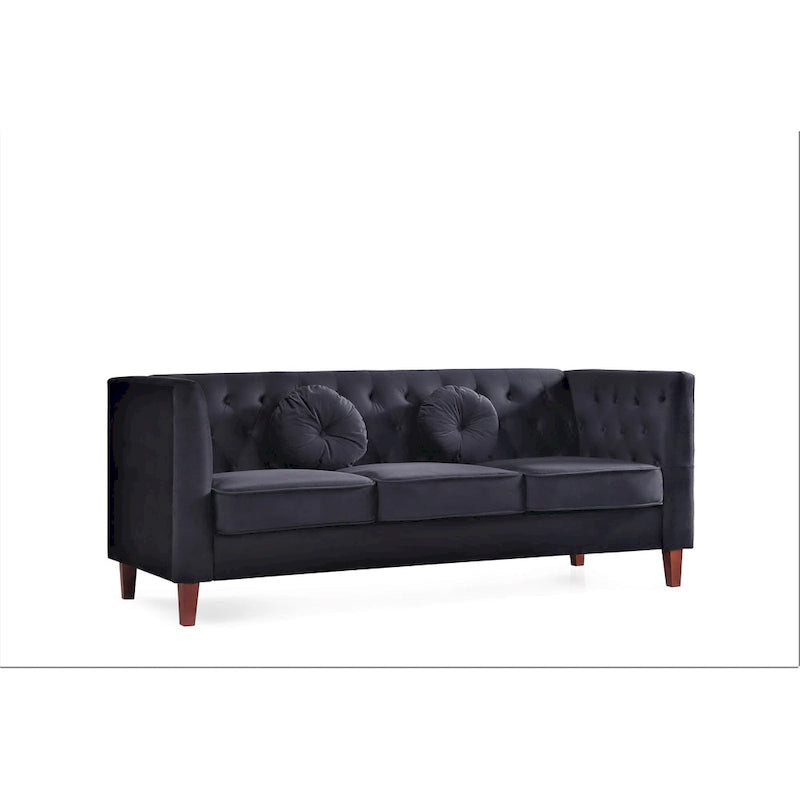 Canapé Chesterfield touffeté en velours avec pieds en bois et coussins décoratifs