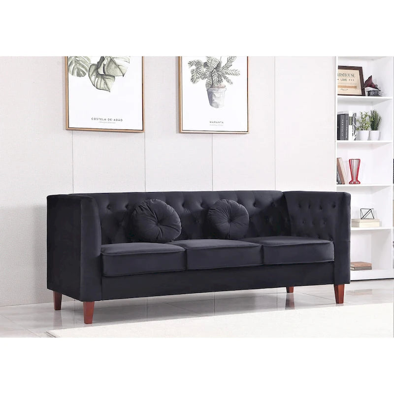 Canapé Chesterfield touffeté en velours avec pieds en bois et coussins décoratifs