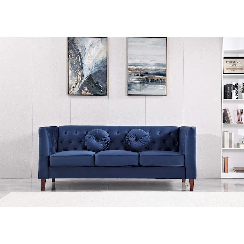 Canapé Chesterfield touffeté en velours avec pieds en bois et coussins décoratifs