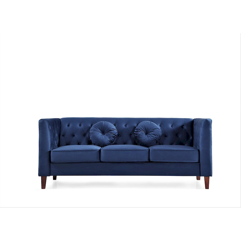 Canapé Chesterfield touffeté en velours avec pieds en bois et coussins décoratifs