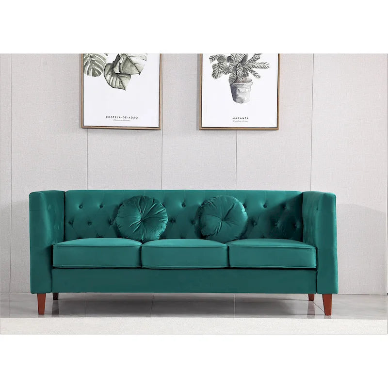 Canapé Chesterfield touffeté en velours avec pieds en bois et coussins décoratifs