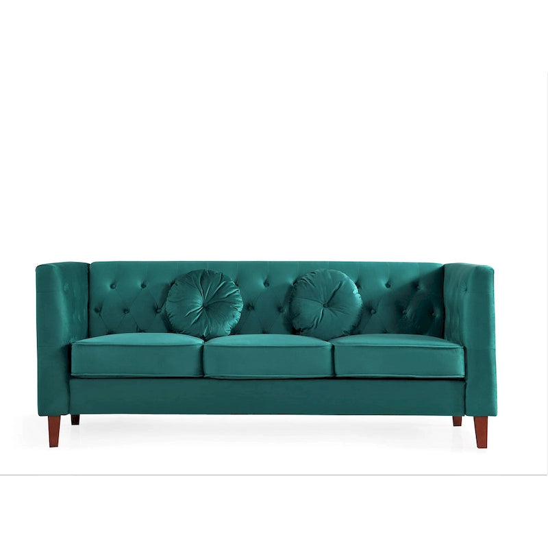 Canapé Chesterfield touffeté en velours avec pieds en bois et coussins décoratifs