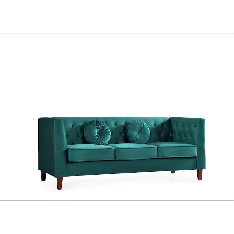 Canapé Chesterfield touffeté en velours avec pieds en bois et coussins décoratifs